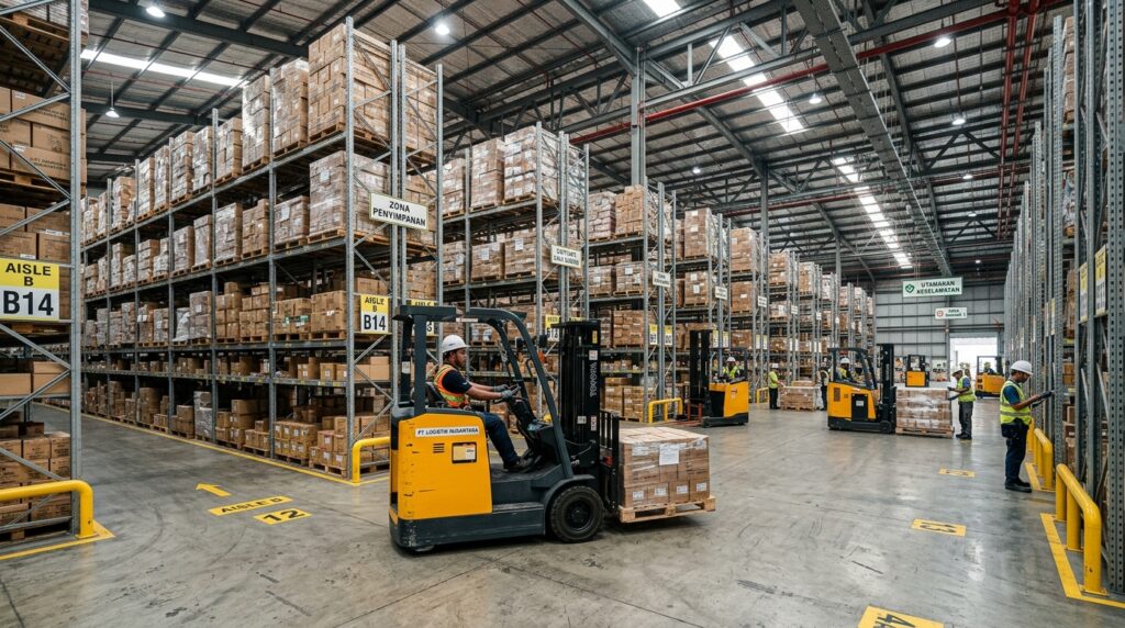 Interior gudang logistik legal menunjukkan Manfaat PBG IMB Gudang